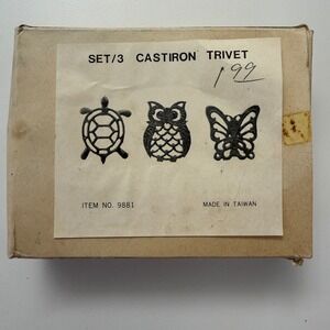 Vintage 1970s Cast Iron Trivet Set – Turtle Owl Butterfly – Made in Taiwan – NOS